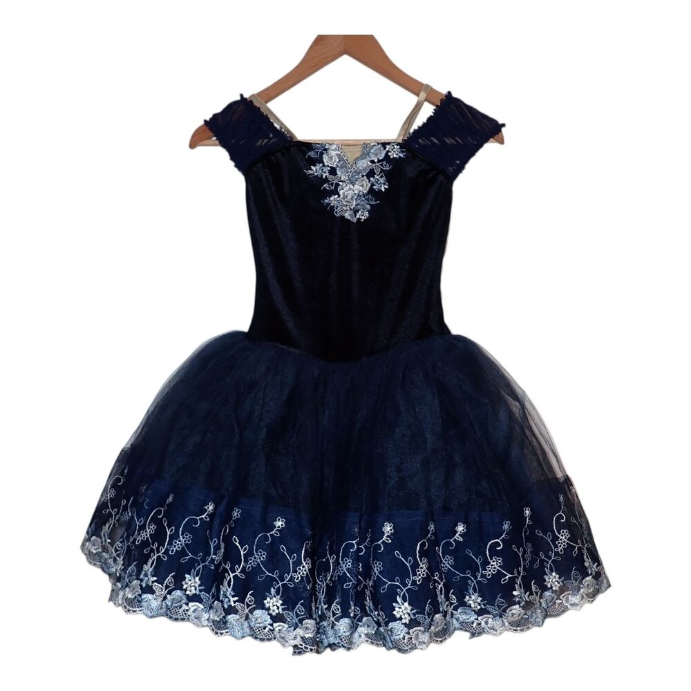 Girls Ballet Tutu Dance Dress XL Navy Velvet Tulle Floral Lace Ballerina